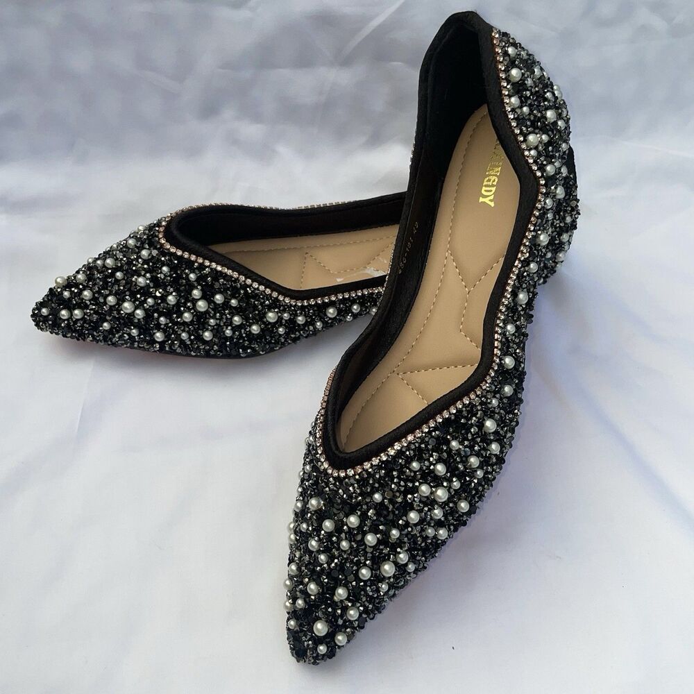 WOMEN RHINESTONE FLATS SLIP ON POINTED BLING SHOE SIZE 11 BLACK Bendable WEDDING